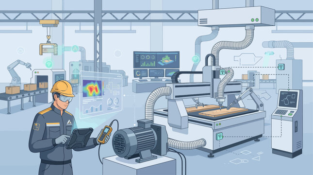 Smart factory technician monitoring automated CNC machinery with digital tablet in industrial plant, flat vector illustration showing industry 4.0 technology and manufacturing production line