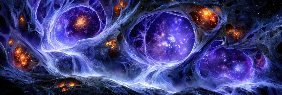 Surreal cosmic nebula abstract space art fantasy galaxy glowing star field deep universe scene vibrant purple cloud ethereal cosmic river celestial portal vision futuristic science concept