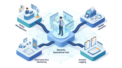 Naklejka premium Isometric Security Operations Center Infographic with Digital Surveillance and Badge Management Workflow