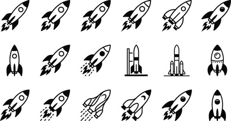 Fototapeta premium Collection of rocket icons and spaceship illustrations with blast off, black and whi
