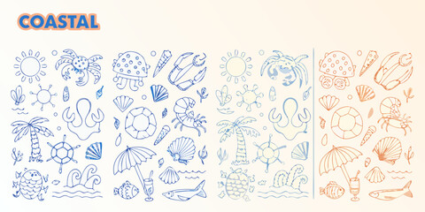 Coastal Beach Theme Line Drawings Featuring Marine Life And Tropical Elements © Ripa