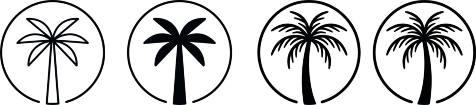 Set of palm tree icons in circles varying styles black and white silhouette tropical illustration collection isolated vacation environment