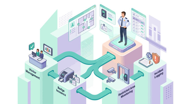 Isometric Security Management System Infographic with Guard and Digital Surveillance Technology for Corporate Access Control and Incident Monitoring