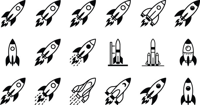 Collection of rocket icons and spaceship illustrations with blast off, black and whi
