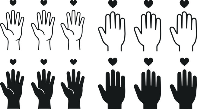 Collection of hands with hearts above black and white human body part kindness affection donation appreciation gratitude friendship open hand