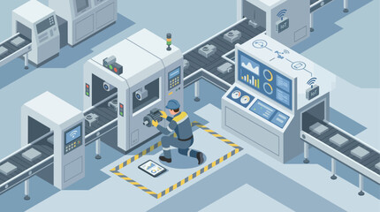 Fototapeta premium Smart factory isometric illustration with technician maintaining industrial automated production line machinery and IoT data monitoring systems for digital manufacturing industry