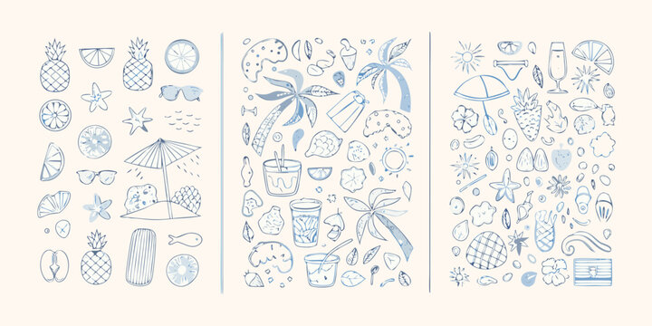 Summer Beach Items Blue Line Art Illustration Collection