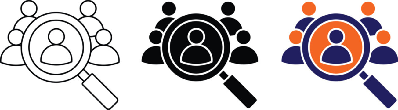 Talent acquisition and recruitment icon set featuring magnifying glass focusing on person among crowd in three styles.