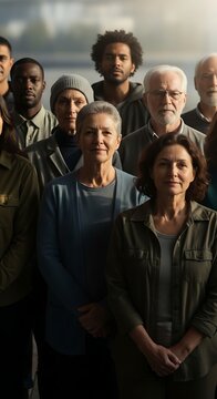 Diverse group of multi-generational people standing together looking at camera.