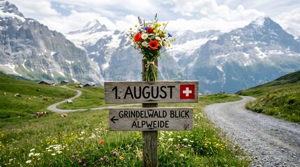 Swiss National Day celebration with floral wreath and mountain landscape in summer alpine setting