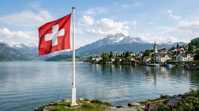 Swiss flag waving by serene alpine lake with mountain backdrop on national celebration day