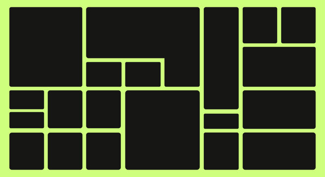 Bento Grid Layout.  Minimalist grid design with vertical geometric frames for modern collages. Bento grid abstract pattern. Vector illustration