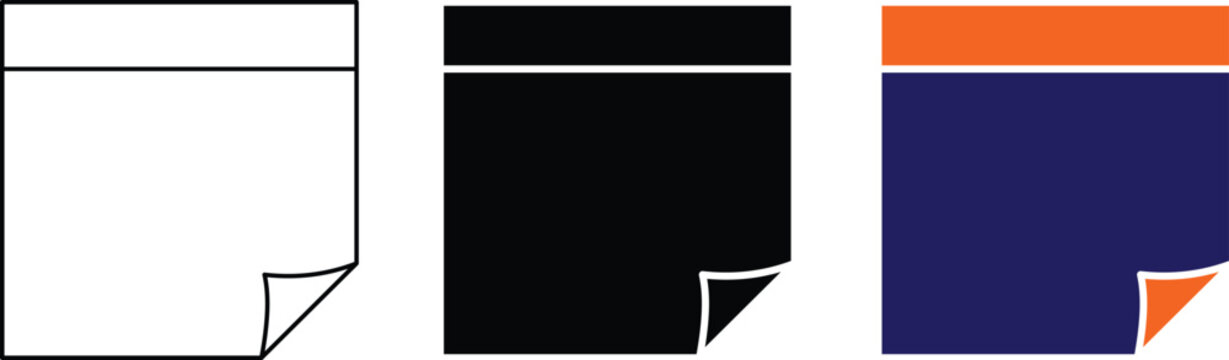 Collection of sticky note icons in outline, solid black, and colorful variations.