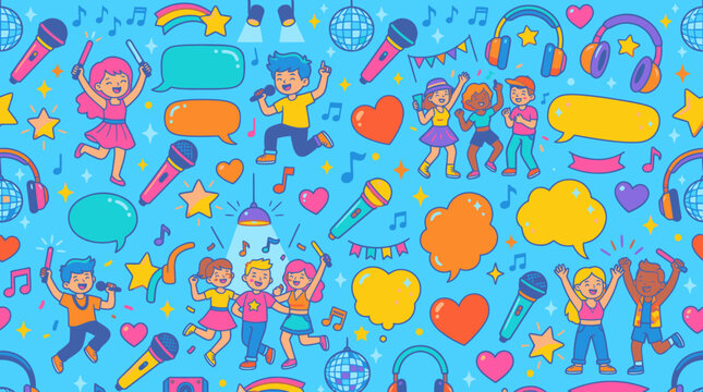 Colorful kids karaoke and music party seamless pattern.