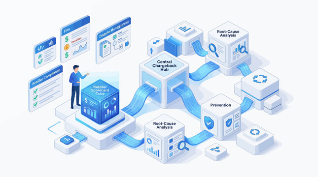 Isometric business chargeback management system infographic with data analytics and financial compliance workflow process in blue professional style for corporate digital transformation presentation