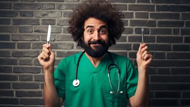 Surprised doctor holding scalpels with exaggerated expression