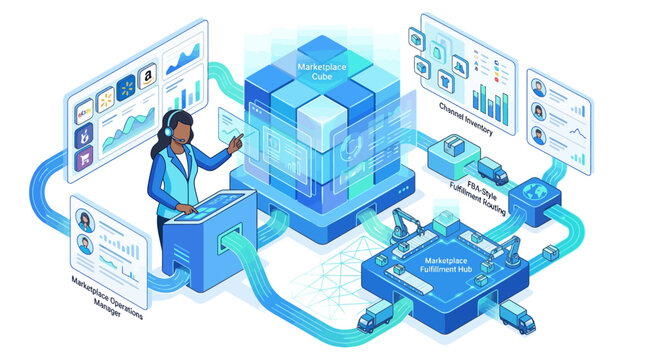 Isometric illustration of a marketplace operations manager controlling digital supply chain logistics and e-commerce inventory fulfillment with data analytics dashboard in a modern blue tech style