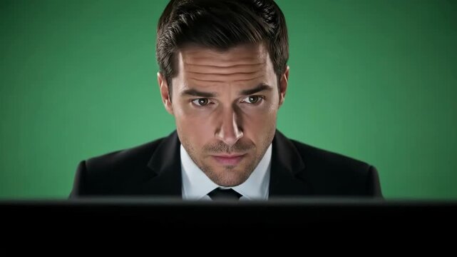 Introspective man in suit gazing downward with intense focus