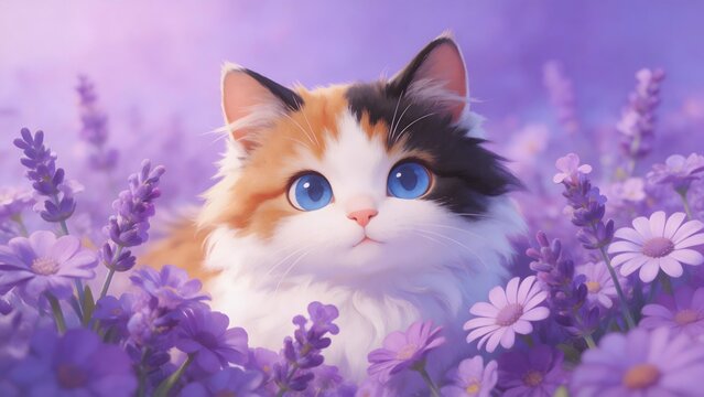 Calico cat in purple flowers