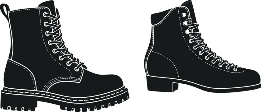 Black Combat Boots Vector Illustration Set Featuring Retro High Top Leather Footwear for Grunge Fashion Outfits and Streetwear Designs