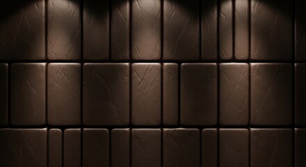 Naklejka premium Dark Brown Textured Leather Wall Panels with Subtle Grooves and Warm Lighting