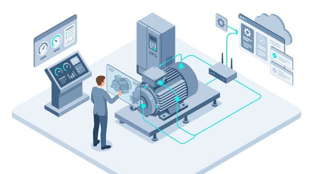 Isometric Industrial IoT Automation Concept with Engineer Monitoring Electric Motor and VFD System via Digital Dashboard Interface