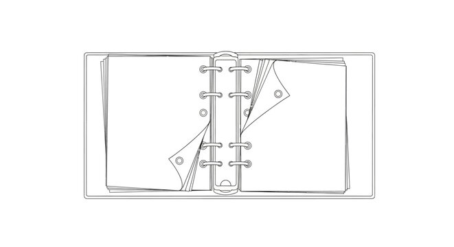 Binder with metal rings and pages.