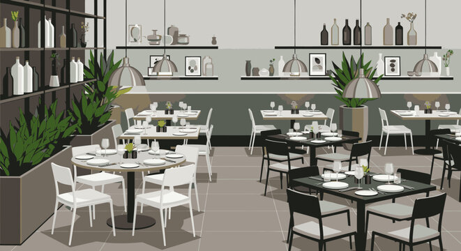 Contemporary restaurant interior with dining tables and modern decor