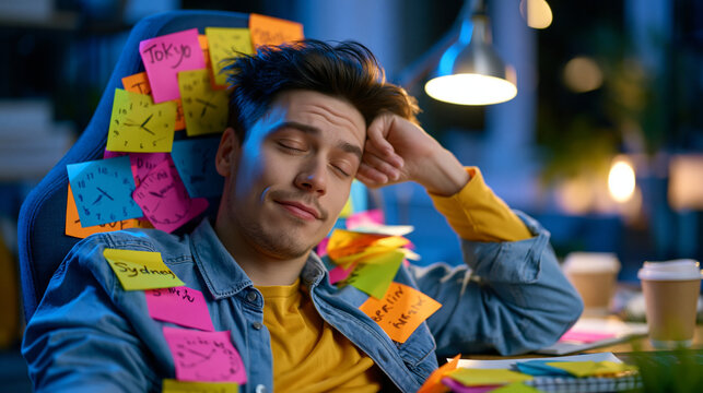 Exhausted remote worker slumped in ergonomic chair surrounded by sticky notes showing overlapping timezone clocks from Tokyo Sydney and Berlin, home office desk cluttered with cold coffee mugs, afte