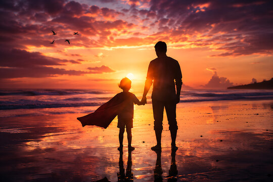 Silhouette of loving dad and little son wearing superhero cape standing on beach at beautiful sunset celebrating happy parents day and fathers day together peacefully
