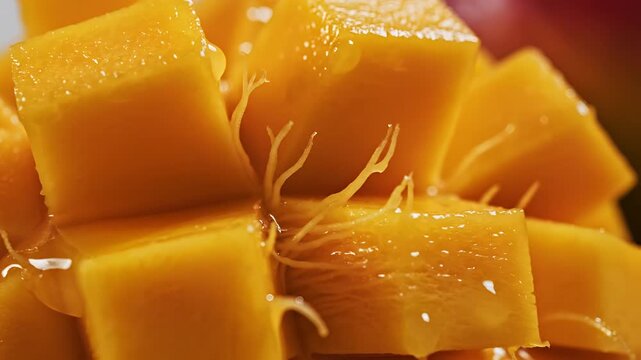 Juicy Mango Cubes Drizzled with Honey Closeup.