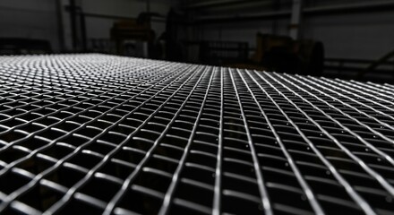 Fototapeta premium Close-up view of a strong industrial metal grate with a repeating diamond pattern, highlighting its textured surface.
