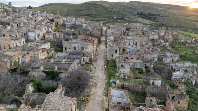 Aerial Street Through Poggioreale Vecchia Ruins