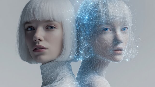 Futuristic portrait of young woman beside her glowing digital twin, exploring AI avatars, identity replication, deepfake technology, virtual humans and cybernetic transformation