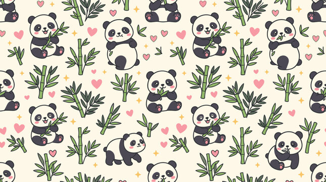 Cute panda and bamboo seamless pattern on white.