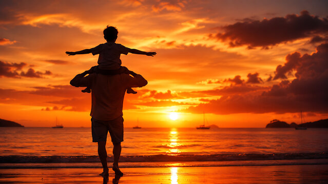Silhouette of a father carrying young son on his shoulders at beach sunset creating memories on happy parents day for beautiful happy fathers day concept