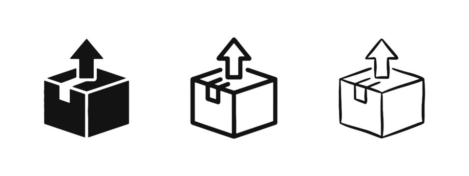 Cardboard Box with Up Arrow Delivery Icon Set in Solid, Outline, and Hand-Drawn Doodle Styles for Logistics