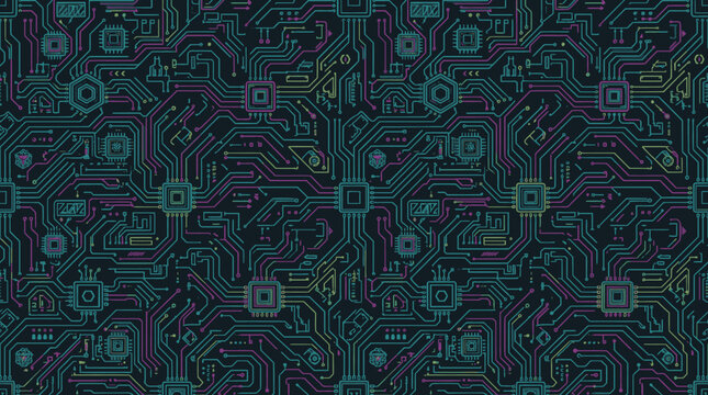 Cyberpunk electronic circuit board seamless pattern.