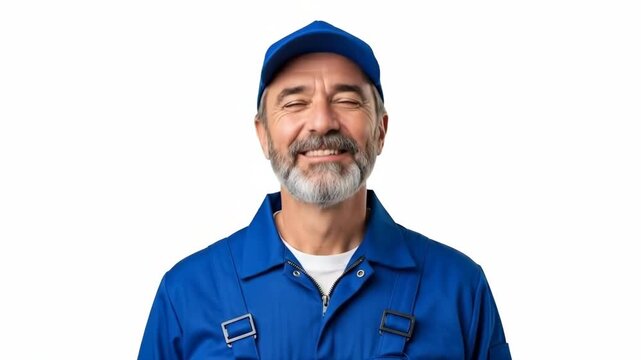 Smiling man in blue work uniform and cap