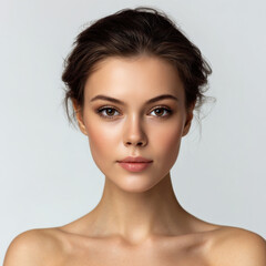 Obraz premium Young woman beauty face natural makeup perfect skin studio portrait brown hair neutral background soft light elegance calm young woman beauty face natural makeup perfect skin studio portrait brown