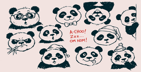Collection of cute panda bear faces with various expressions and emotions, hand-drawn illustration. © Riki