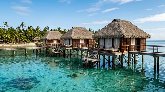 Overwater bungalows with thatched roofs on stilts  tropical vacation resort
