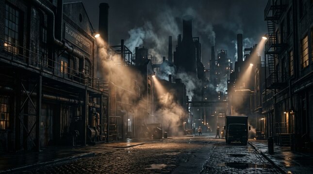 Industrial Foundry Street Scene with Smokestacks and Vintage Lighting