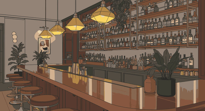Flat vector illustration of an empty cozy bar interior