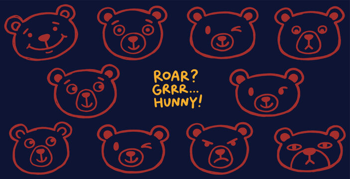 Collection of cute cartoon bear faces showing different emotions and expressions.