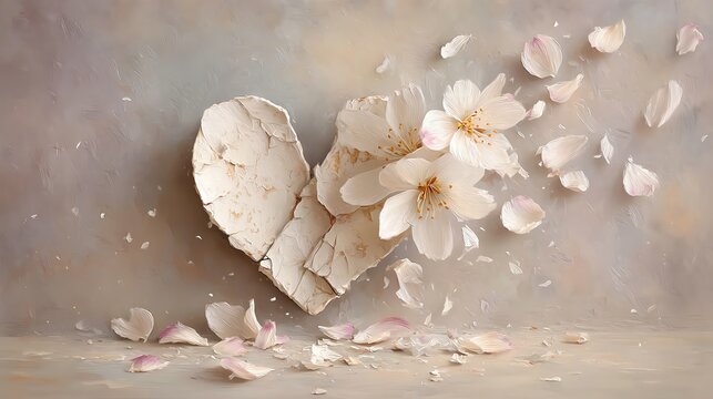 broken heart floral art dramatic visual storytelling with broken porcelain heart releasing petals into the air, fine art cinematic mood