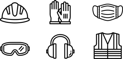 Fototapeta premium Safety equipment and industrial protective gear line icon collection