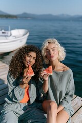 Obraz premium Two friends sitting on a wooden dock eating watermelon by a boat on a calm sea for summer lifestyle background and social media banner