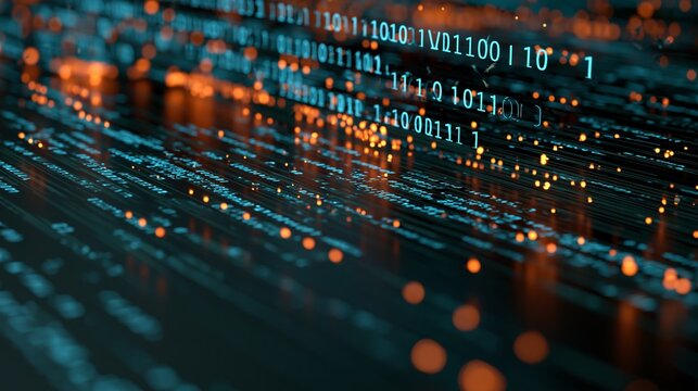 A close-up view of binary code on a computer screen with orange and blue lights