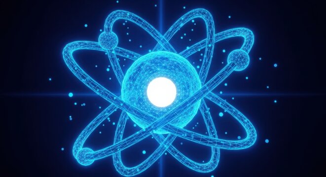 Glowing blue atom symbol with electrons on dark background illustration